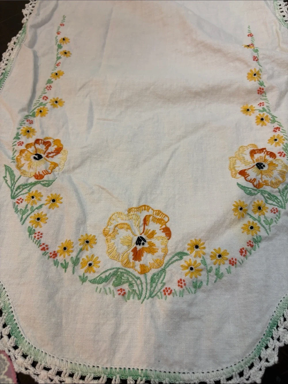 White Embroidered Floral Table Runner with Yellow Flowers